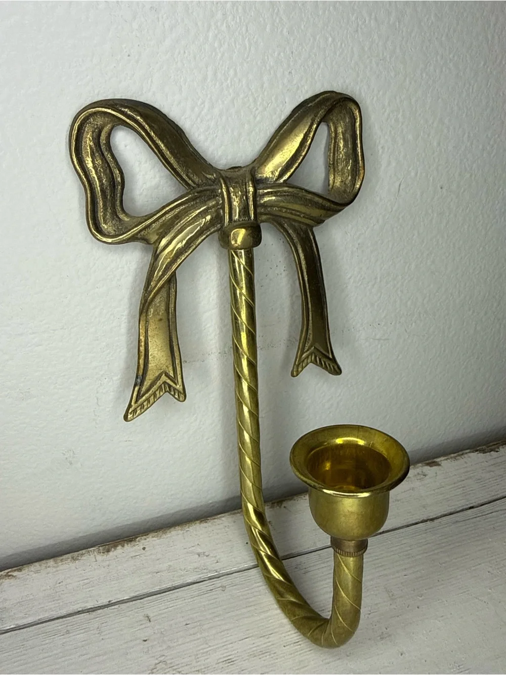 Vintage MCM Brass Bow Wall Sconce Candle Holder 8” Tall, Hollywood Regency Decor